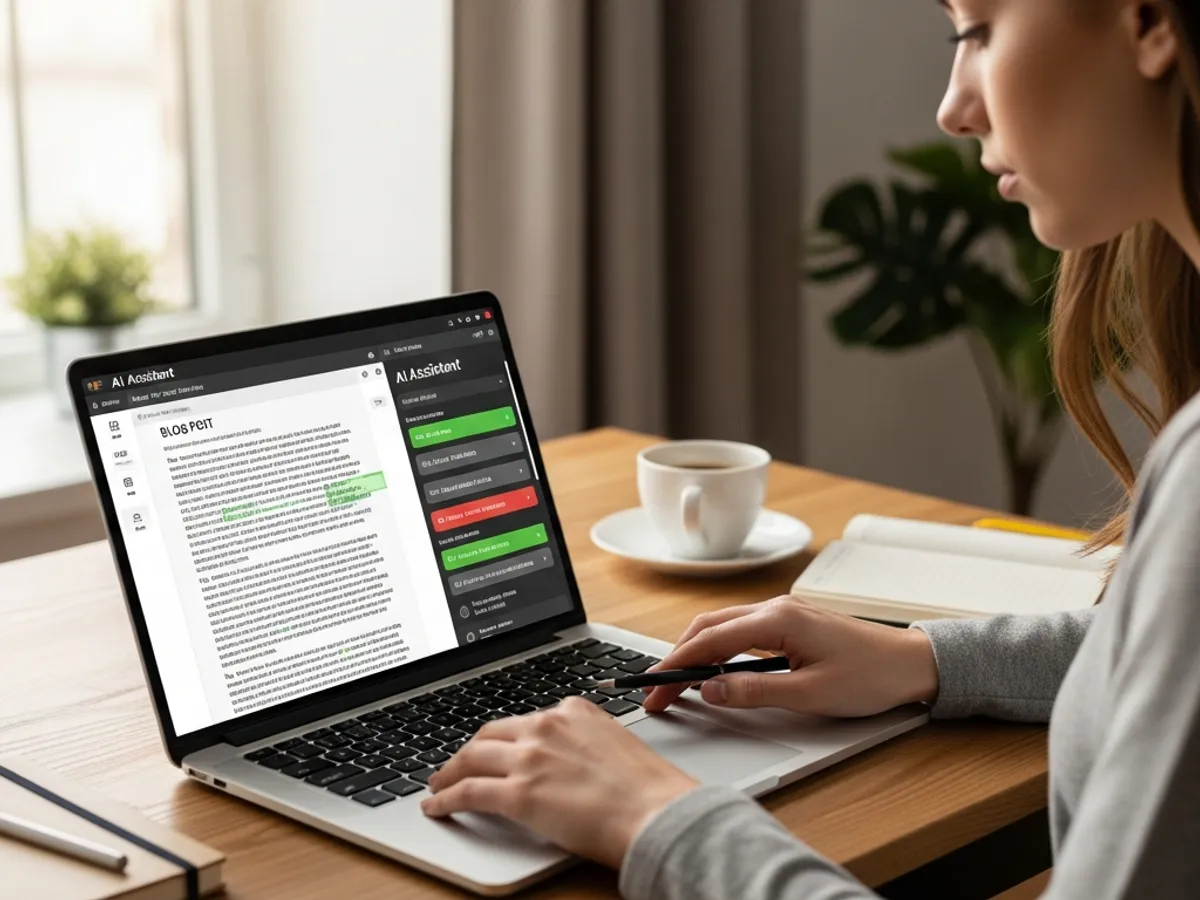 A person using an AI writing assistant on a laptop to create blog content, illustrating how AI content creation tools can help write better blog posts.