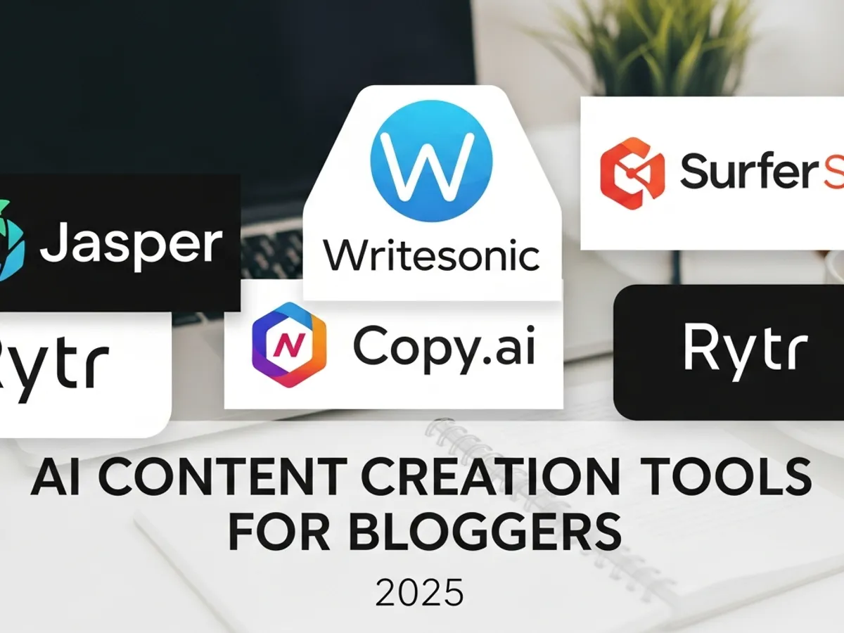 Collage of logos for various AI content creation tools for bloggers in 2025, including Writesonic, Jasper, Copy.ai, Rytr, and Surfer SEO, representing the AI writing tools available.