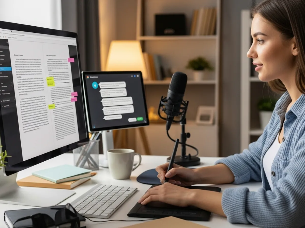 Woman using an AI content creator on a desktop computer, alongside a tablet and microphone, to create engaging content, highlighting the use of AI writing tools for blogging.