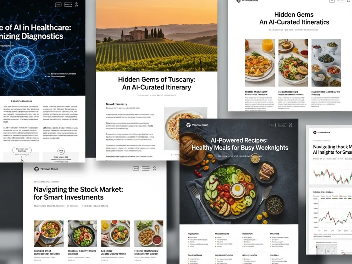 Collage of various AI-generated blog post examples, including travel itineraries, recipes, and stock market analysis, showcasing the capabilities of AI article writers.