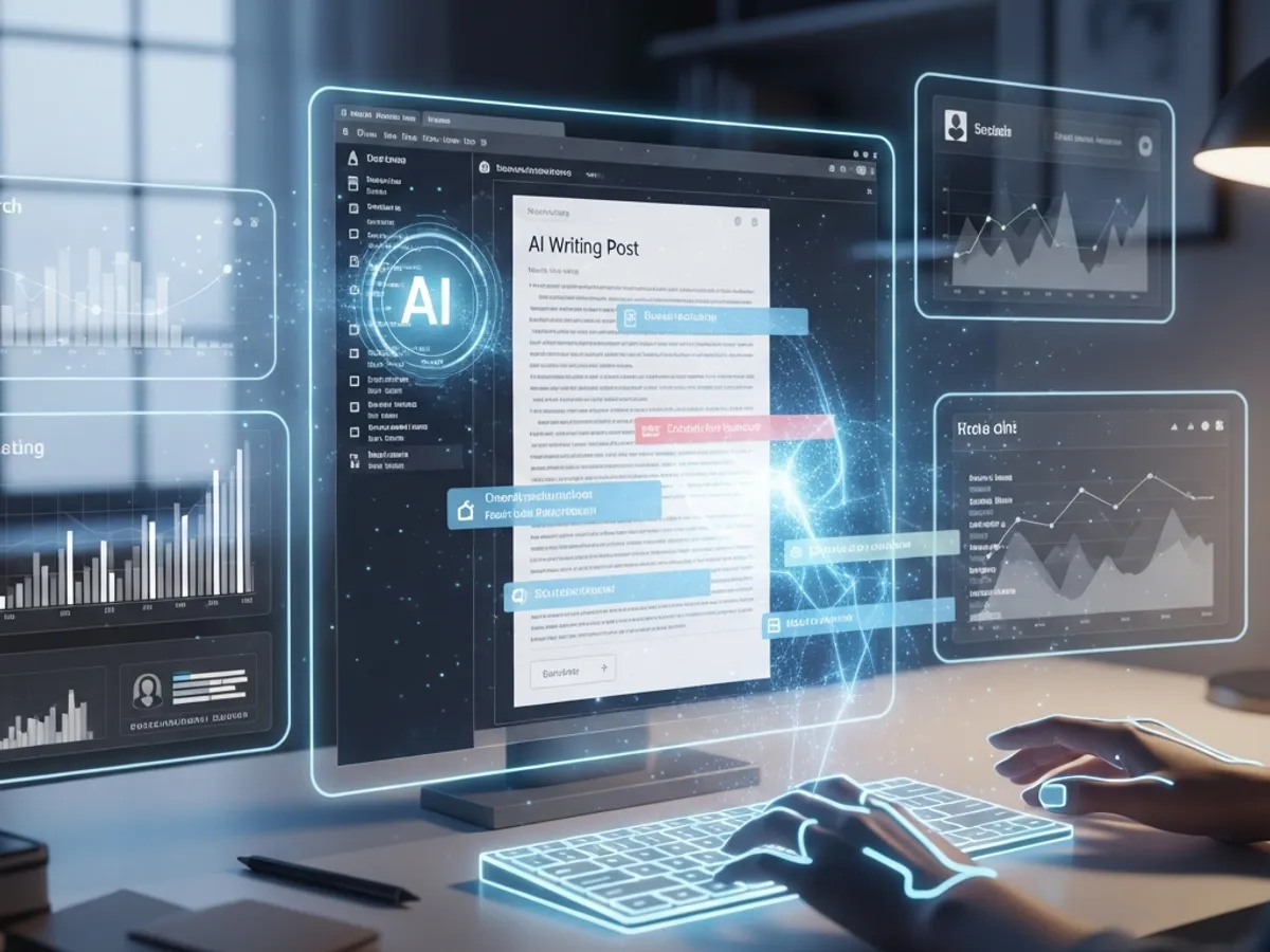 Person using a futuristic AI writing tool interface with various data visualizations and editing options, illustrating the use of AI in copywriting and blog post generation.
