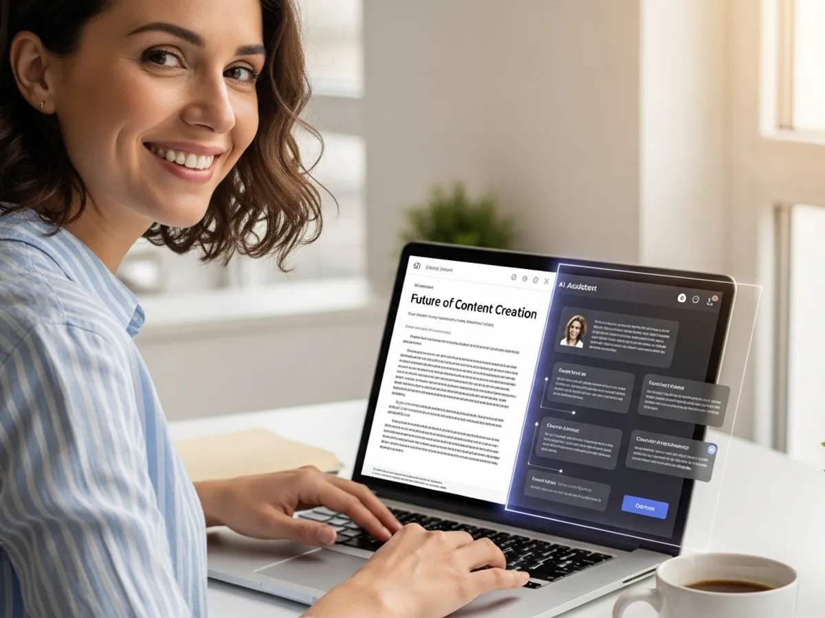 Smiling woman using a laptop with an AI content creation interface, showing options for content curation and optimization, demonstrating the use of AI writing tools for improved SEO blog writing.