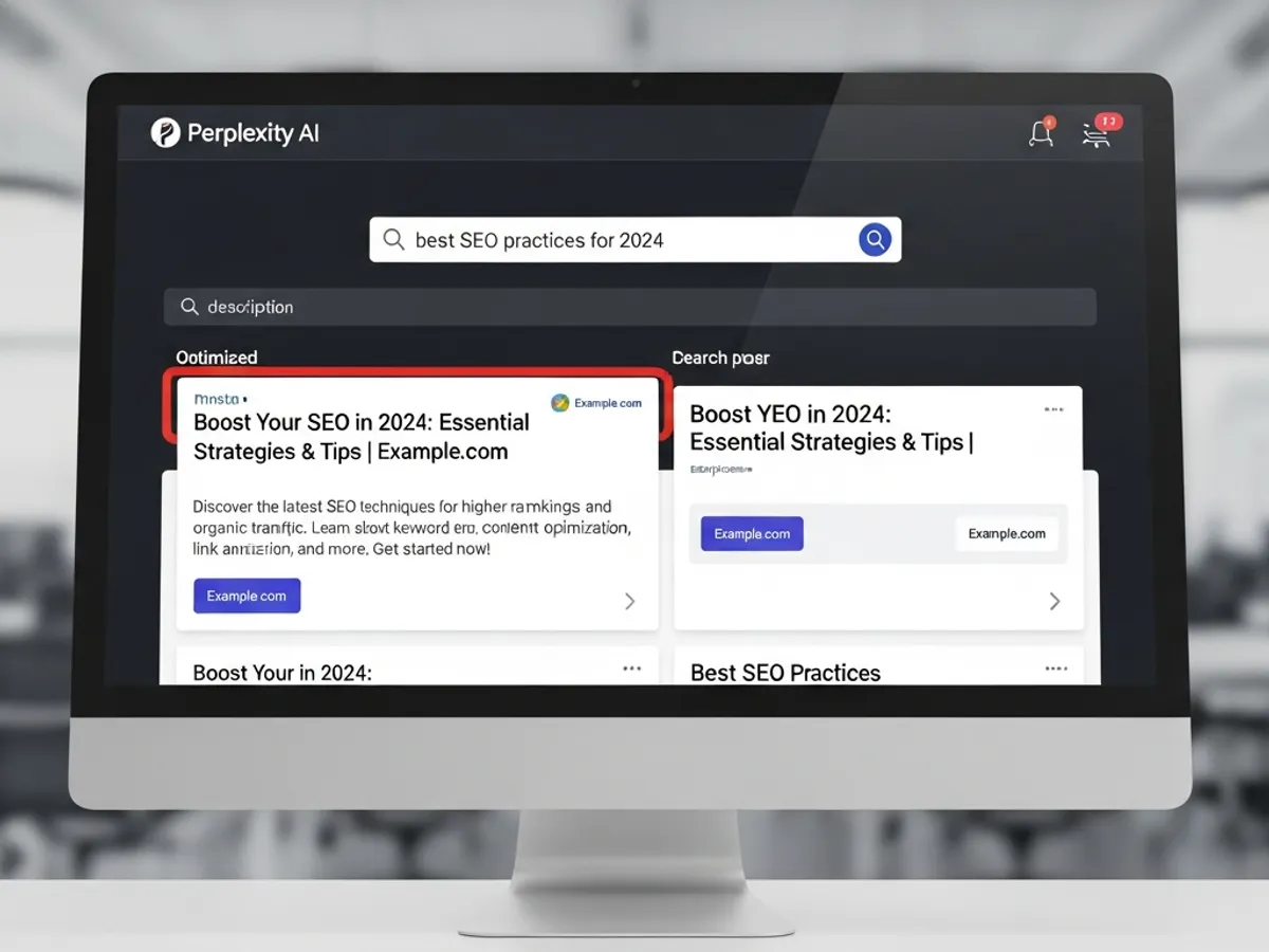 Screenshot of a Perplexity AI search results page, featuring optimized content for 'best SEO practices for 2024,' showcasing strategies for ranking on Perplexity and enhancing content strategy through AI search engines.