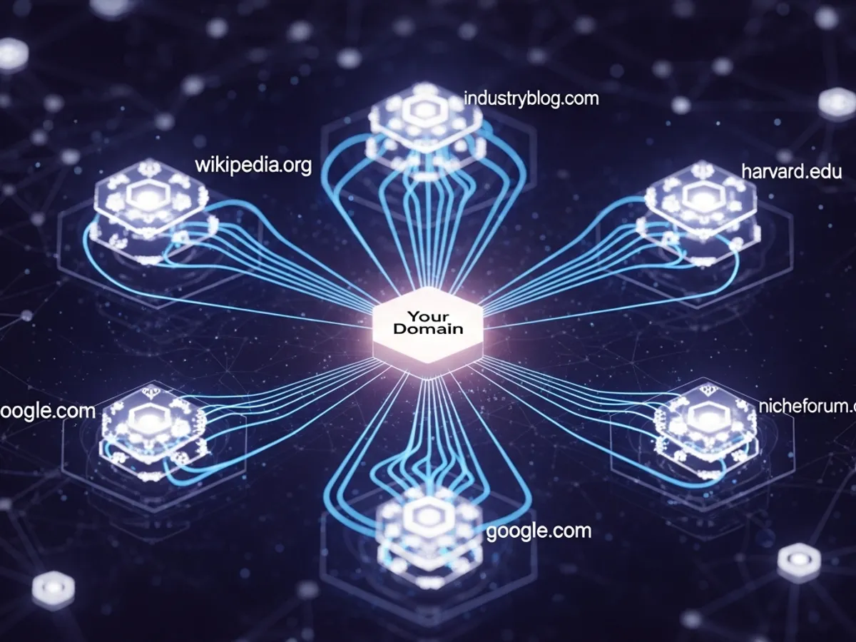 Illustration representing a domain connected to various authoritative sources like Wikipedia and Google, emphasizing the importance of backlinks and authoritative content for Perplexity SEO and improved Perplexity ranking.
