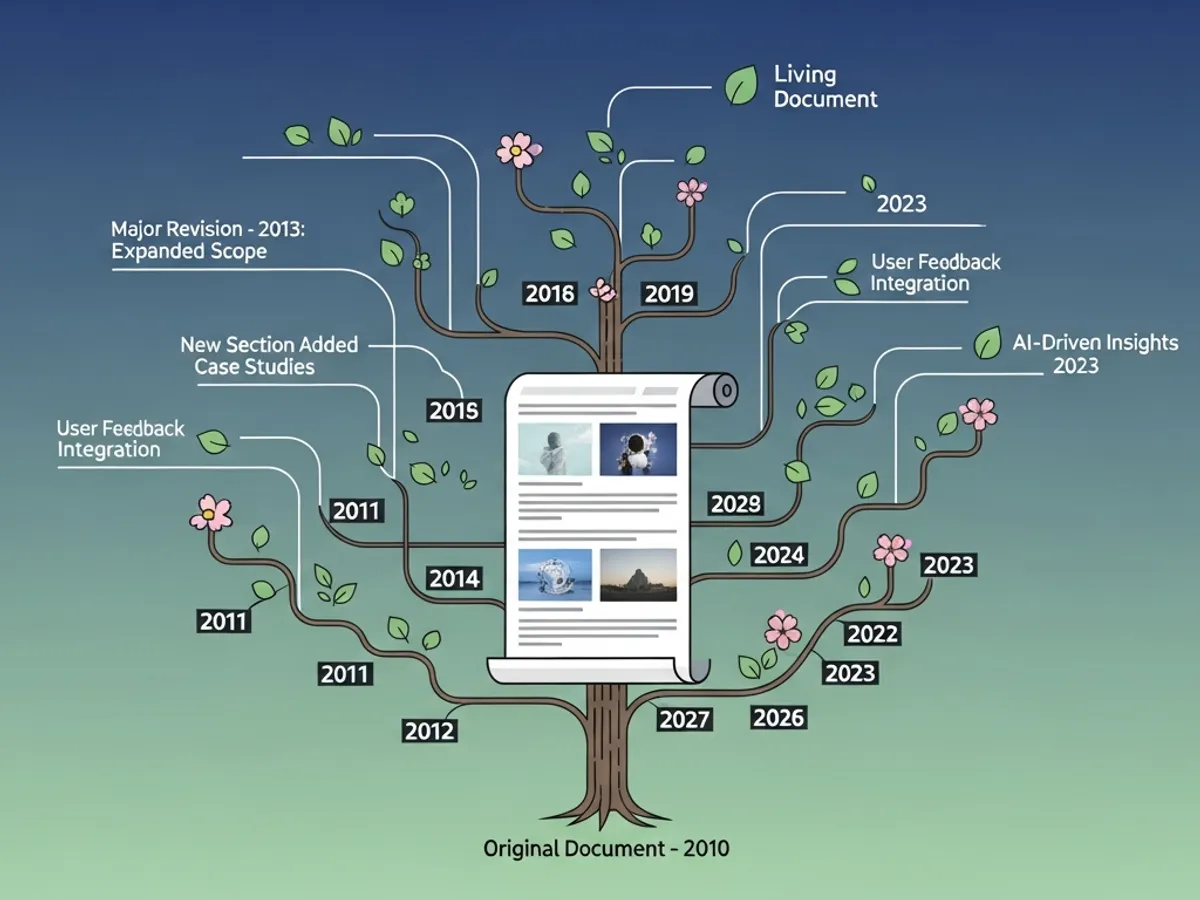 Diagram illustrating the evolution of a document from 2010 to 2023, showcasing updates, revisions, and user feedback integration, which emphasizes the importance of fresh and updated content for Perplexity tips and LLM optimization.