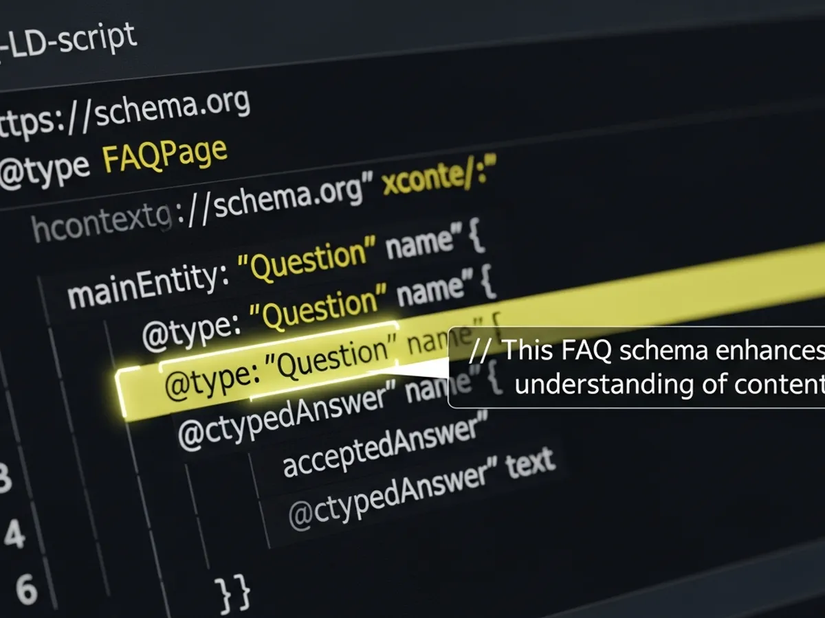 Close-up of schema markup code, specifically FAQPage schema, highlighting how structured data enhances understanding of content for AI search engines like Perplexity, improving content visibility and Perplexity SEO.