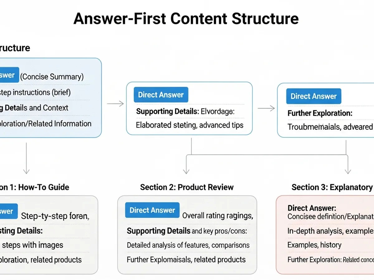 Diagram illustrating an answer-first content structure, detailing how to organize content for AI search engines like Perplexity, enhancing content strategy and LLM optimization for better organic traffic and Perplexity ranking.
