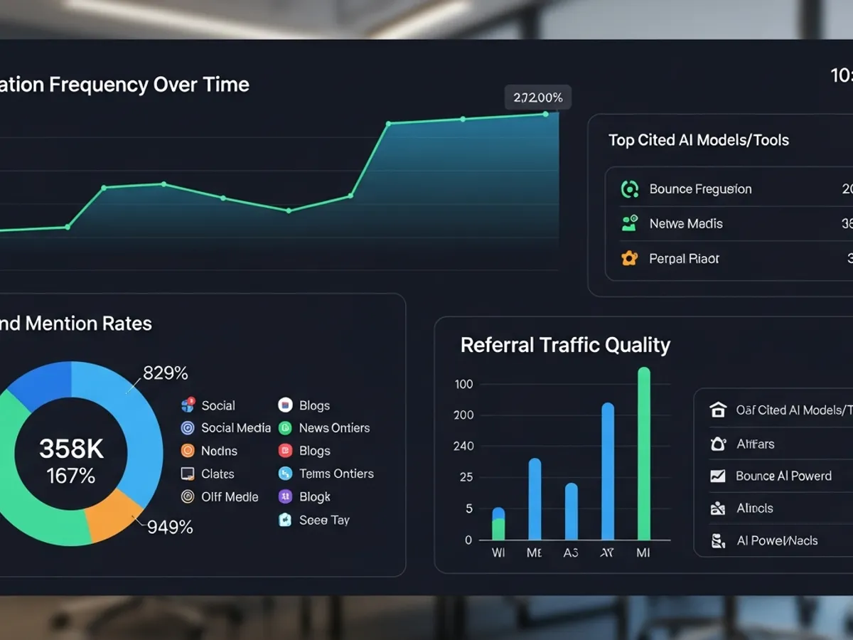 Dashboard displaying citation frequency over time, along with referral traffic quality and top cited AI models/tools, providing insights for optimizing content visibility and improving rank on Perplexity through data-driven strategies.