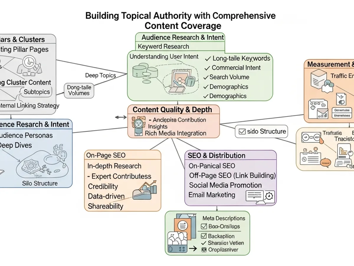 Mind map detailing how to build topical authority with comprehensive content coverage, including audience research, keyword research, content quality, and SEO distribution, essential for optimizing content strategy and achieving high Perplexity ranking.