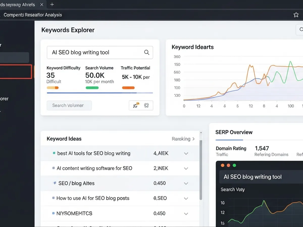 Screenshot of an AI SEO blog writing tool interface, displaying keyword research data, difficulty scores, search volume, traffic potential, and keyword ideas for AI content creation.