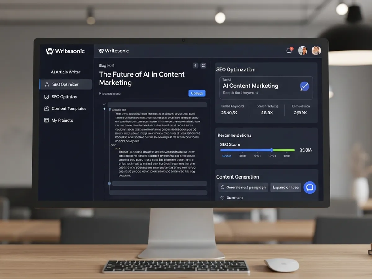 Writesonic's AI SEO Optimizer tool interface on a desktop monitor, showcasing SEO optimization features for AI content creation, with options for generating content and improving SEO scores for blog posts.