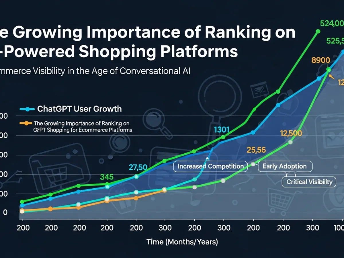 Graph illustrating the growing importance of ranking on AI-powered shopping platforms with emphasis on Chat GPT user growth, highlighting early adoption, increased competition, and critical visibility for ecommerce. This data underscores the need for Answer Engine Optimisation.