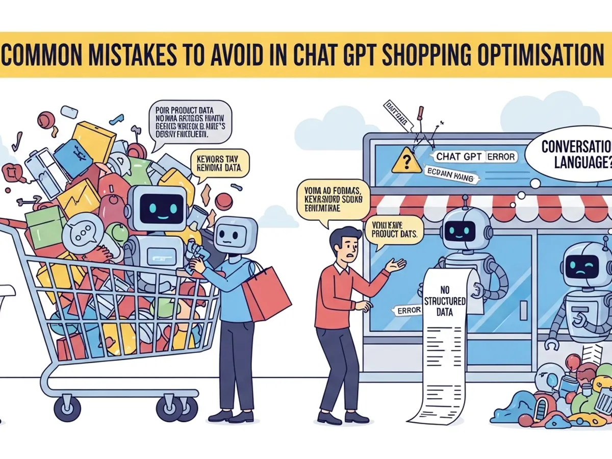 Illustration showing common mistakes to avoid in Chat GPT Shopping optimization, featuring cluttered product data, lack of structured data, and conversational language errors, emphasizing the need for effective Answer Engine Optimisation and Generative Engine Optimization.