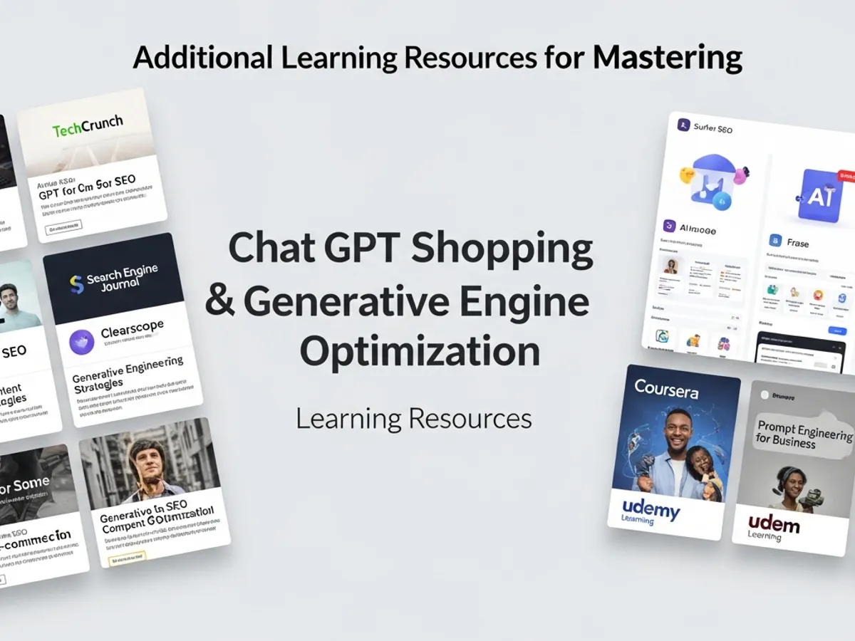 Collage of learning resources for mastering Chat GPT Shopping and Generative Engine Optimization (GEO), highlighting various platforms and courses available for enhancing Answer Engine Optimisation skills and improving LLM Ranking in ecommerce.