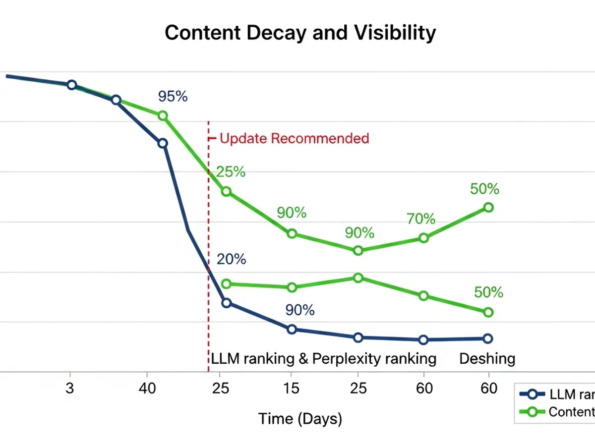 Line graph depicting content decay and visibility over time, illustrating the impact on LLM ranking and Perplexity ranking, recommending content updates to maintain AI content optimisation.