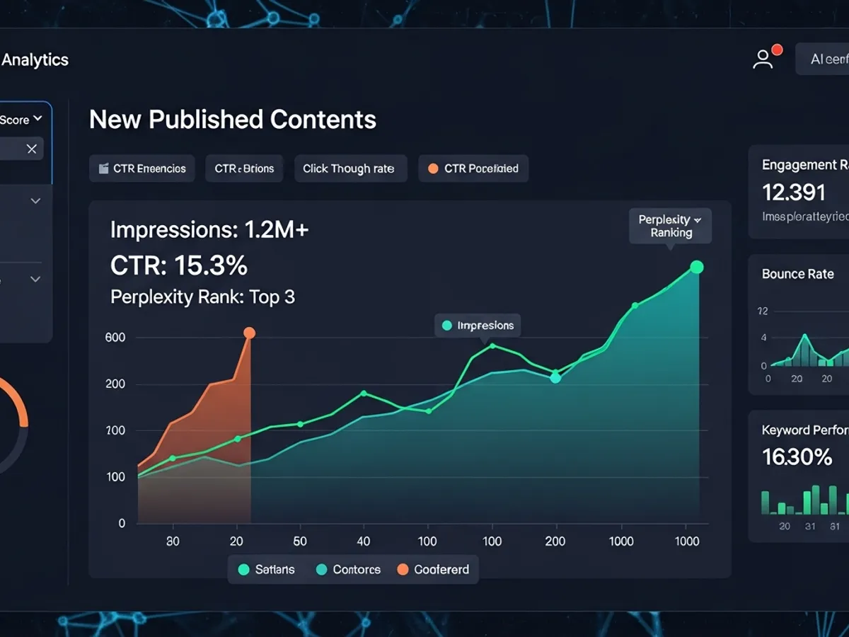Screenshot of an analytics dashboard showing new published content performance with impressions, CTR, and Perplexity ranking metrics, illustrating AI content visibility.