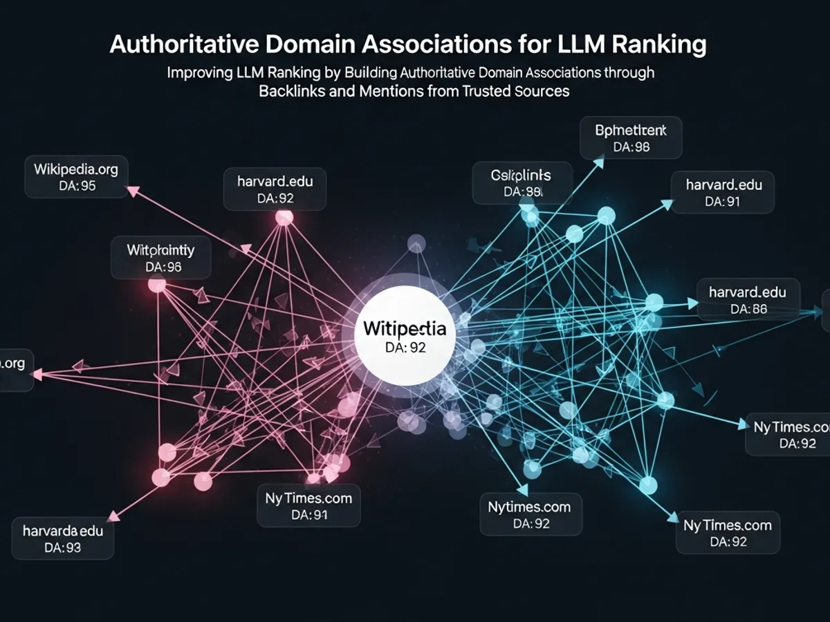 Diagram illustrating authoritative domain associations for LLM ranking, showcasing the importance of backlinks and mentions from trusted sources like Wikipedia and Harvard.edu.