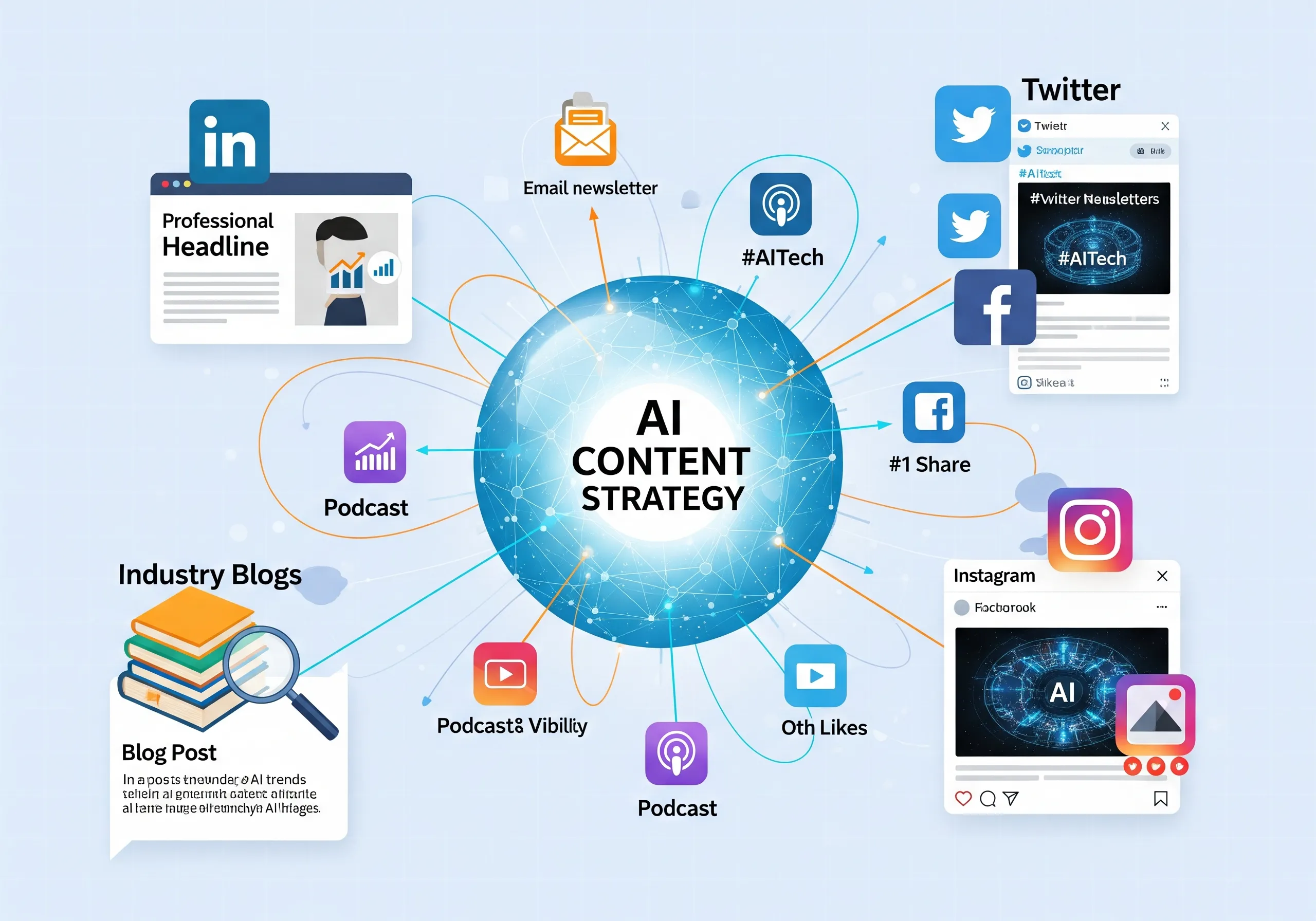 Visual representation of an AI Content Strategy, showcasing the distribution of content across various platforms such as LinkedIn, Twitter, Facebook, Instagram, industry blogs, podcasts, and email newsletters.