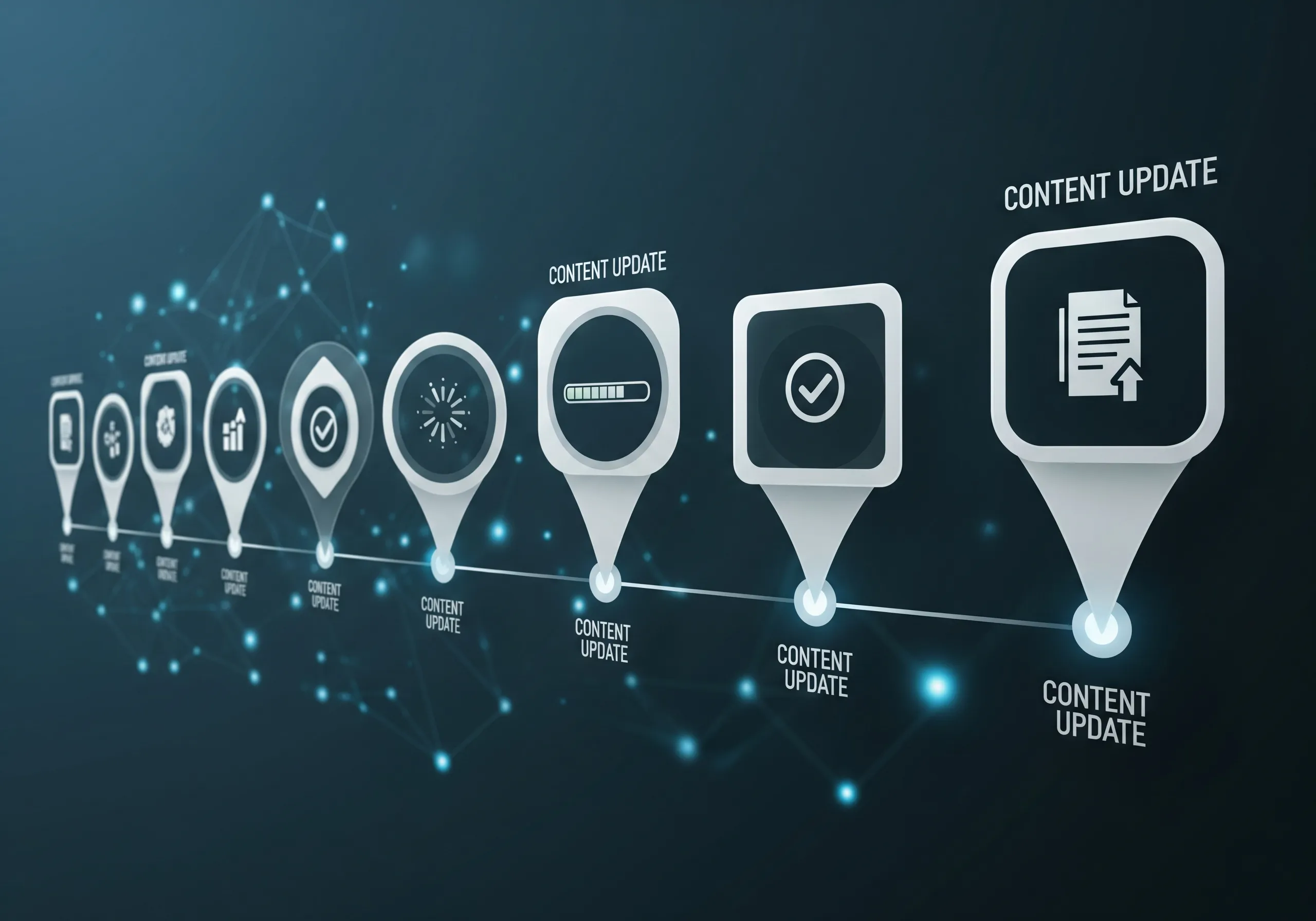 Graphical timeline illustrating the process of content updates, emphasizing the steps involved in maintaining and improving AI content visibility and search engine optimization.