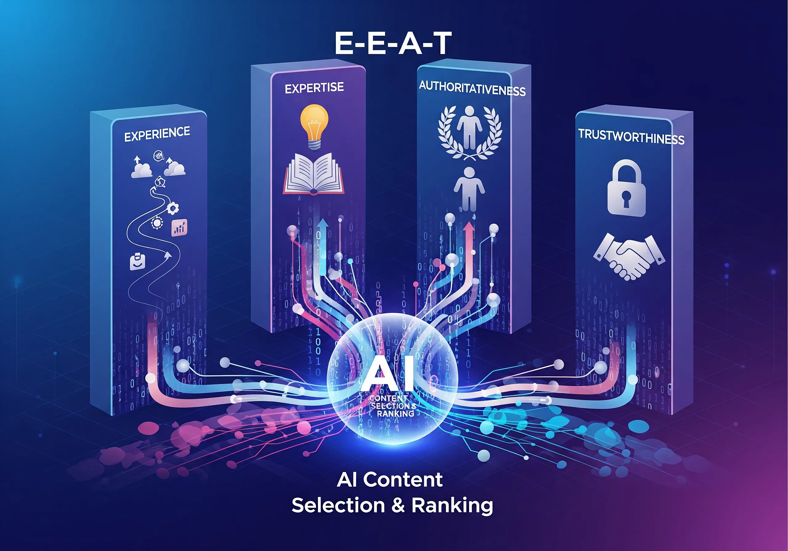 Conceptual illustration of E-E-A-T (Experience, Expertise, Authoritativeness, Trustworthiness) with AI Content Selection & Ranking, highlighting factors that influence AI's evaluation of content quality.