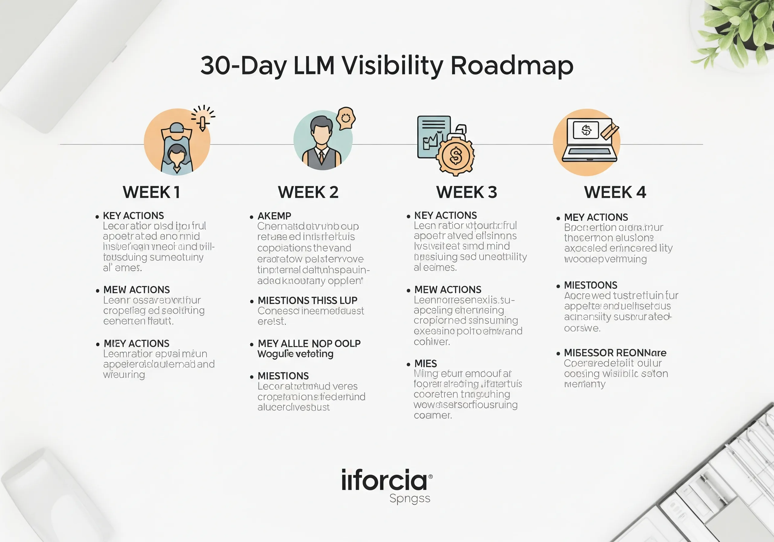 A 30-Day LLM Visibility Roadmap, presenting a weekly plan with key actions and milestones for improving LLM content visibility and search engine optimization.