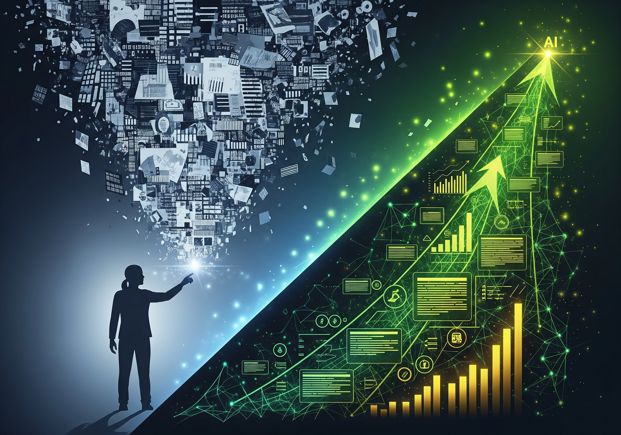 Person pointing to AI growth chart representing SEO content success