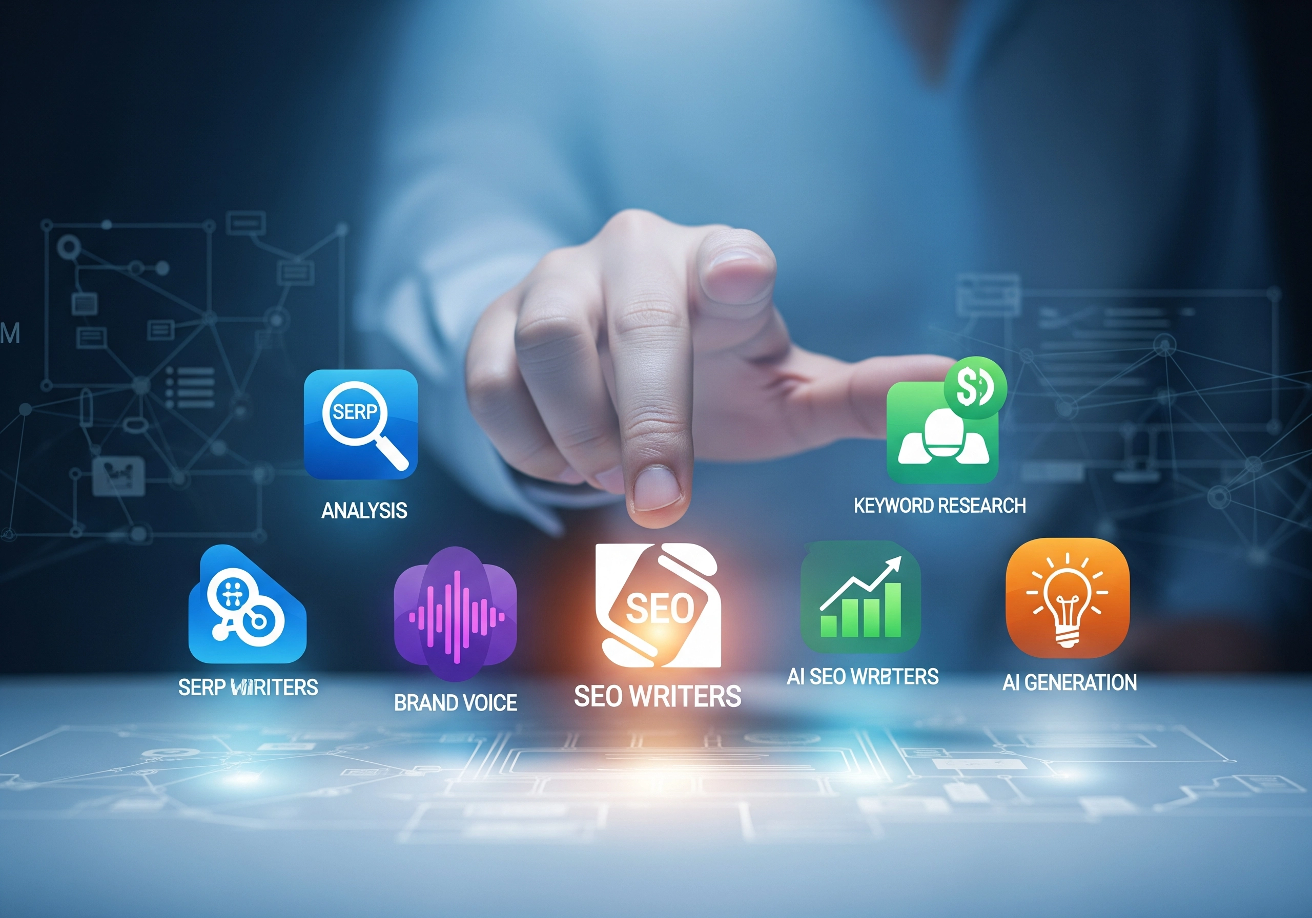 Finger over SEO writers icon; AI SEO content writing tools