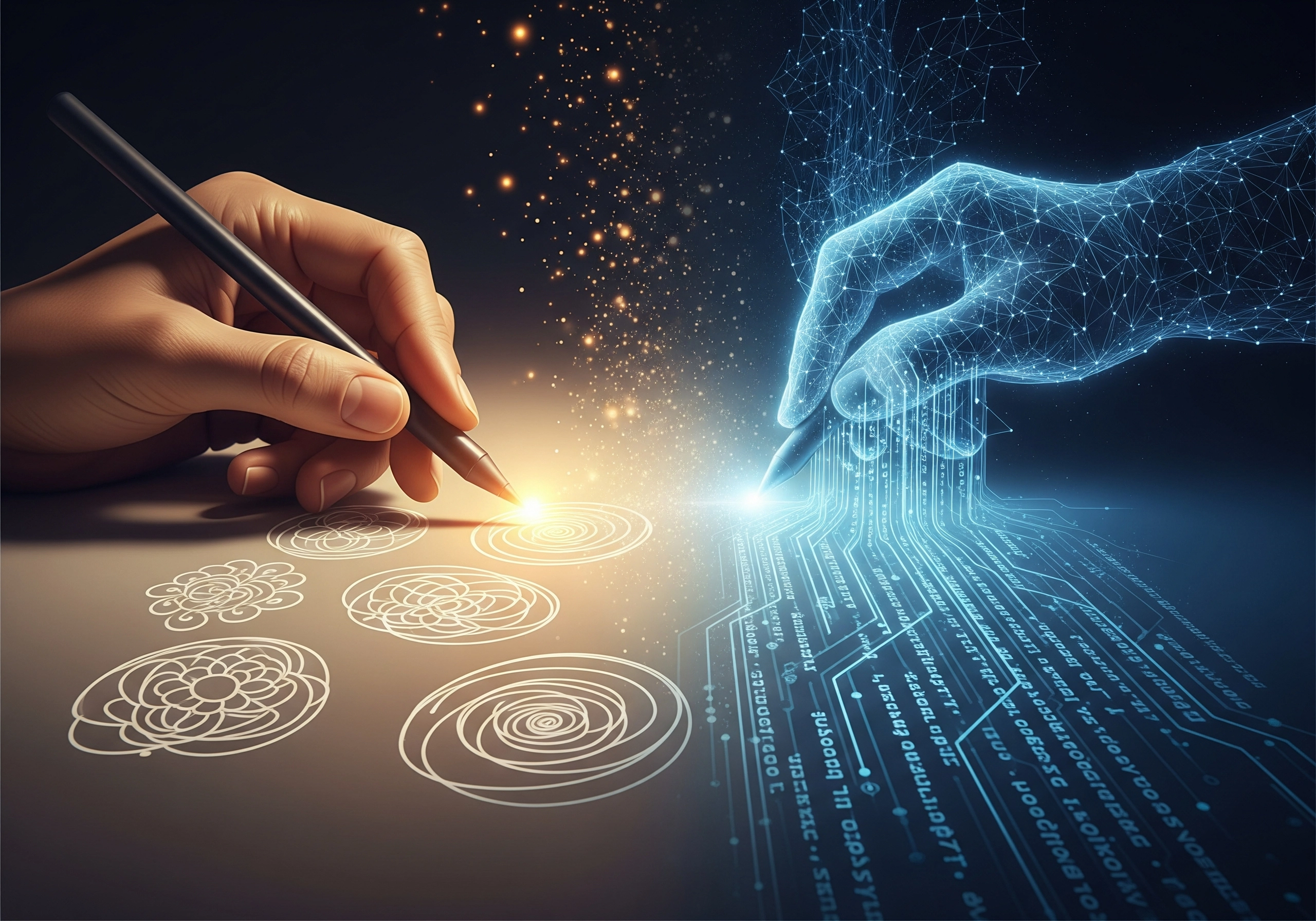 Concept art of human and AI hands writing, illustrating AI SEO content writing.