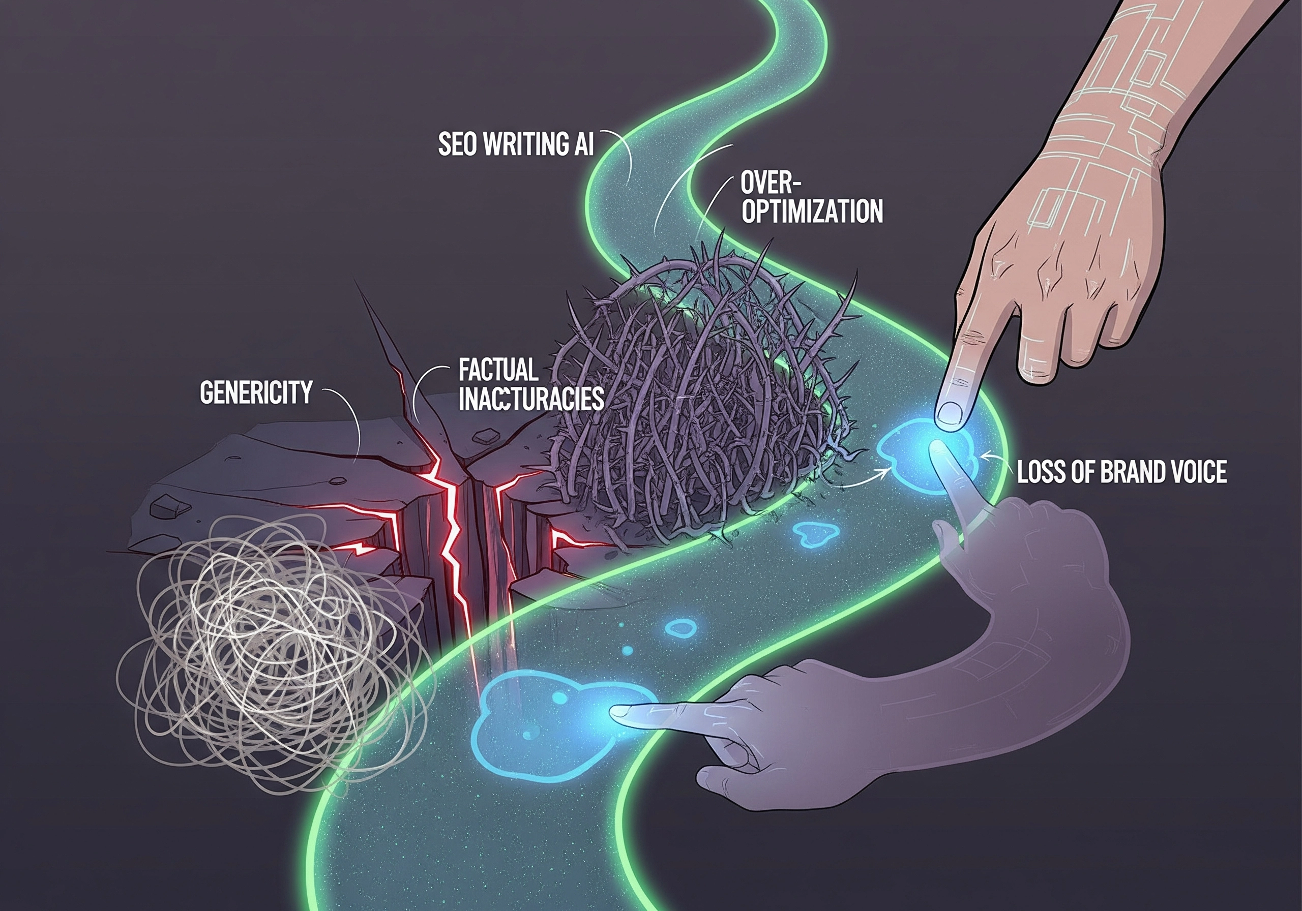 Illustration of SEO writing AI pitfalls, including over-optimization and inaccuracies.