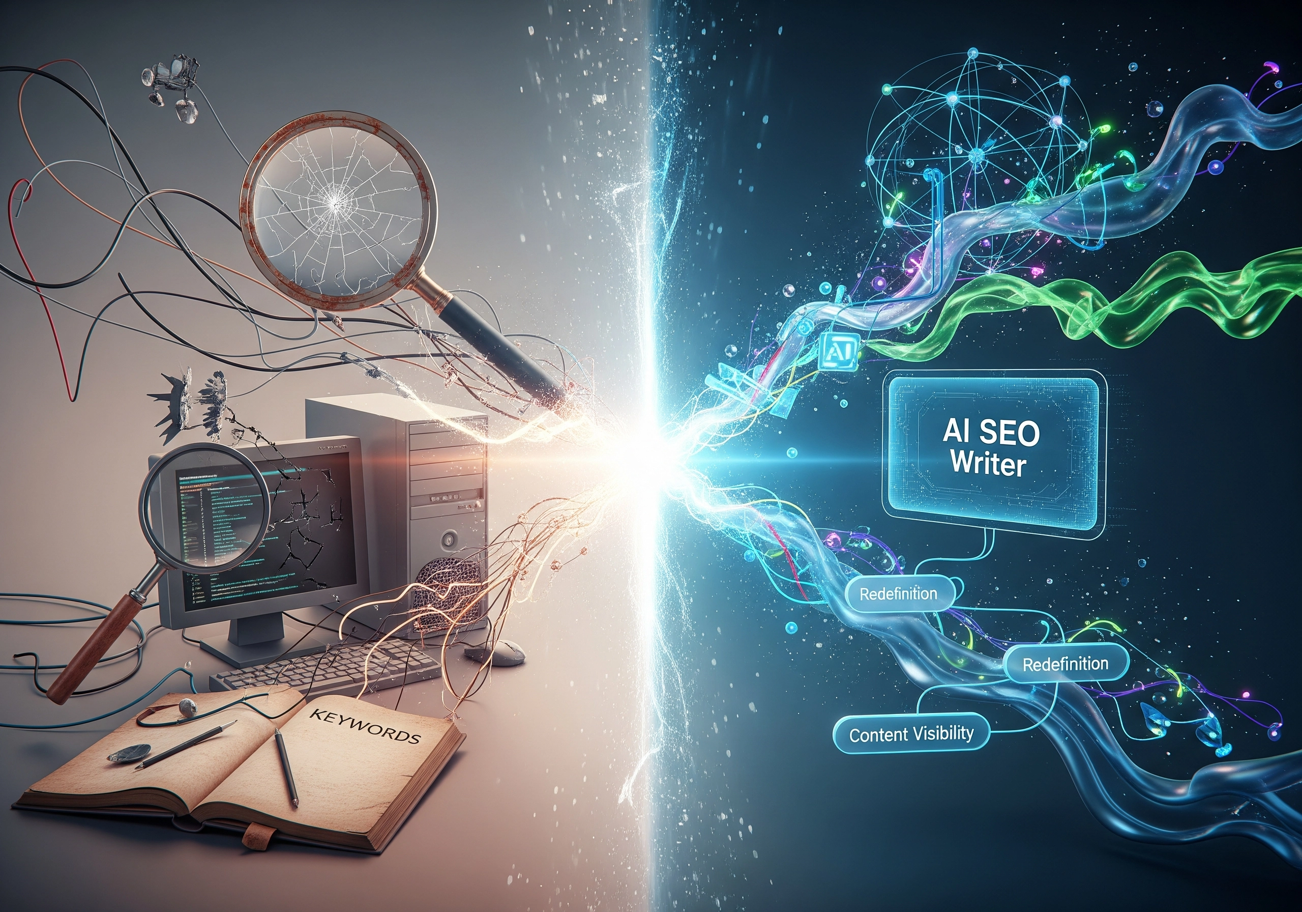 Broken magnifying glass, computer, and book with 'Keywords' illustrate transition to AI SEO writer.