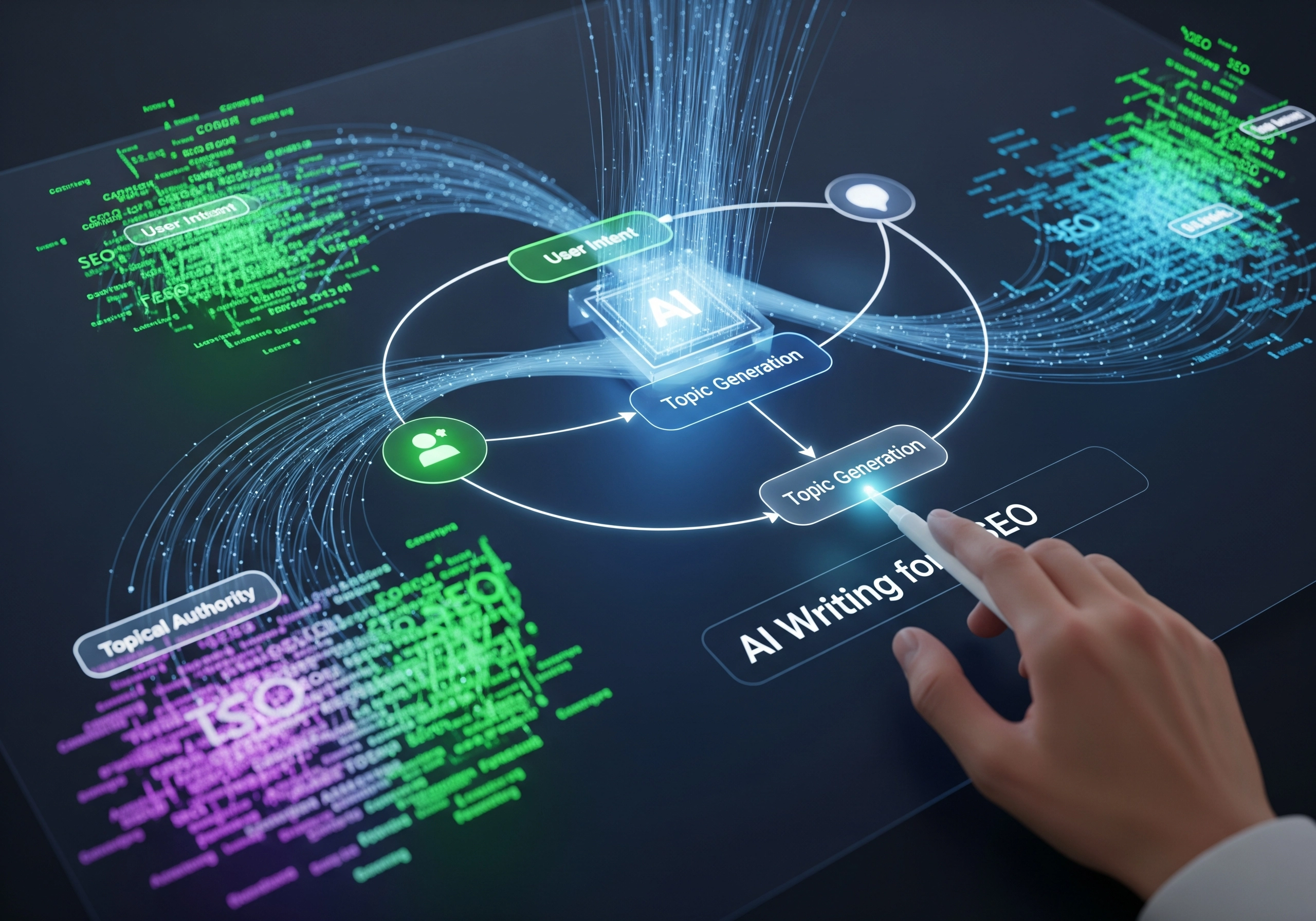 Hand interacting with AI writing for SEO interface, generating topic ideas based on user intent.