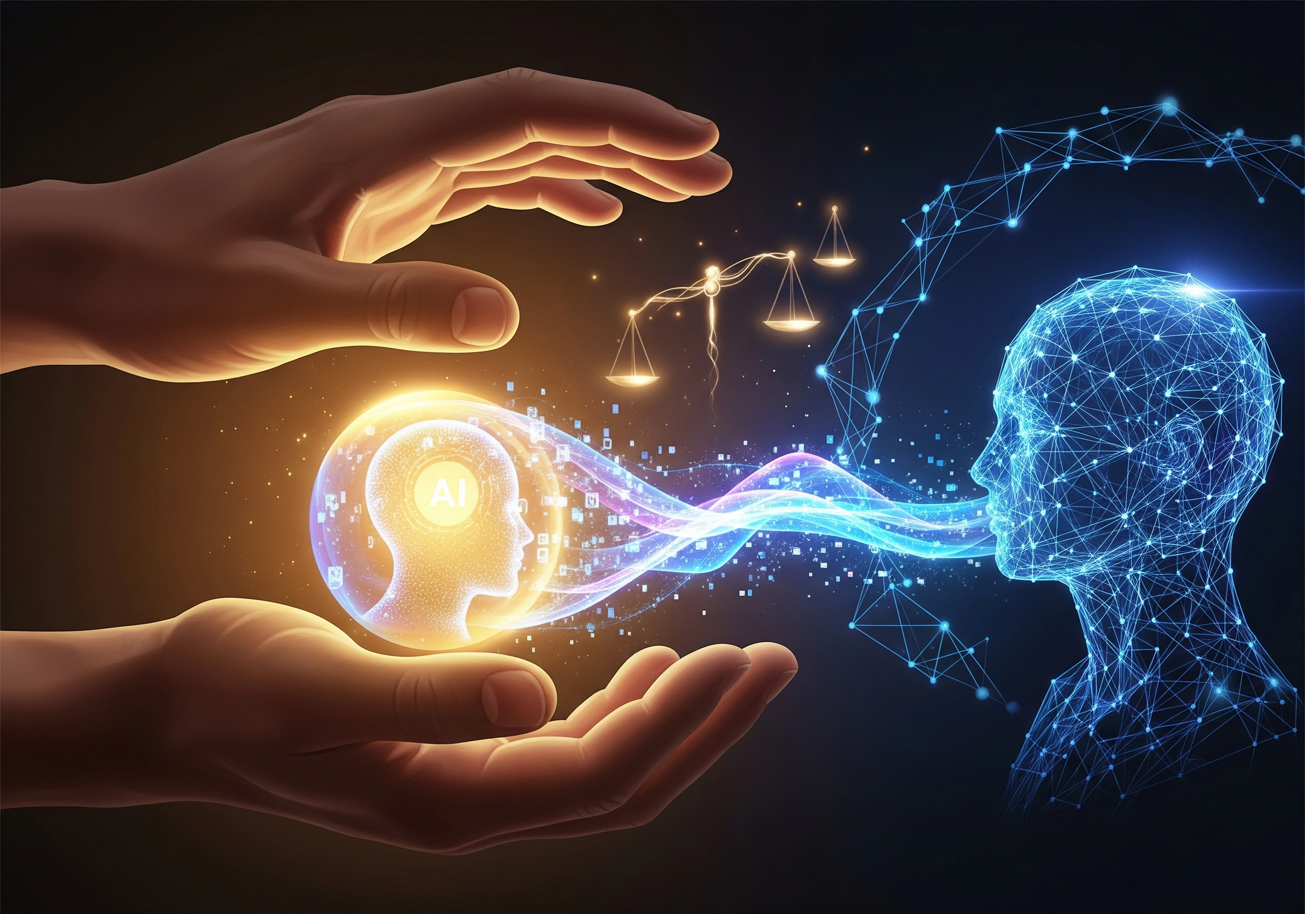 Hands cradling an AI brain, balancing AI content creation and ethical considerations.