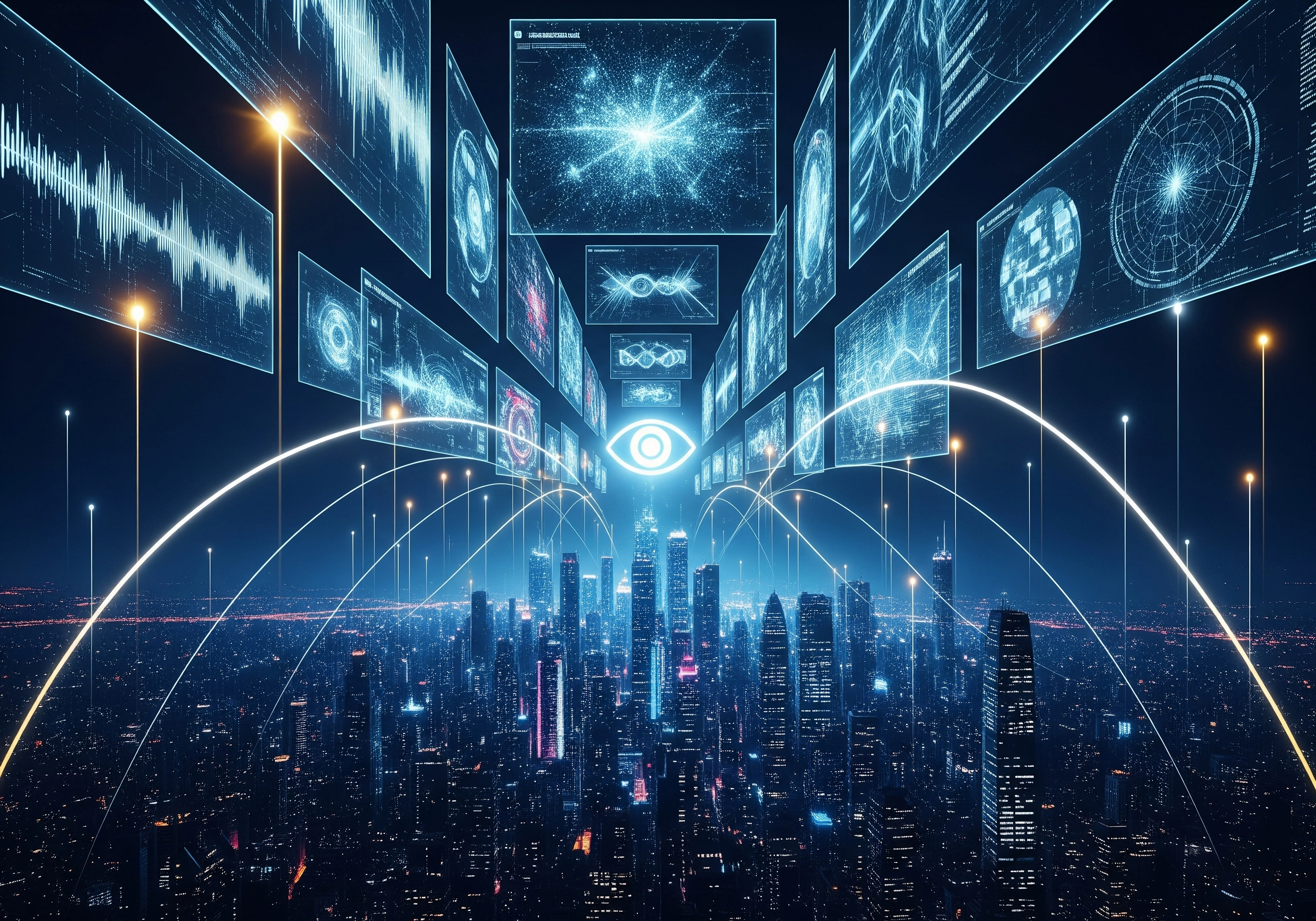 Futuristic cityscape with AI data visualizations, representing AI SEO content writing.